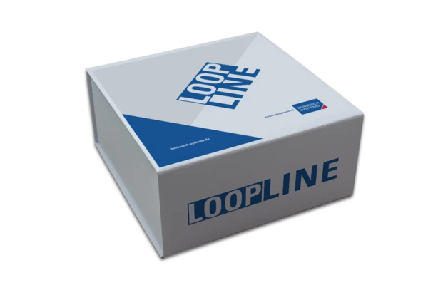 Loopline, hochwertige Verpackung, Klappschachtel, individuell bedruckt, Berberich Systems, quadratische Verpackung